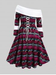 Robe en Tricot Plissée de Noël Grande Taille en Jacquard à Col Oblique à Lacets - Rouge foncé 3X | US 22-24