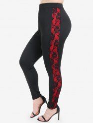 Gothic Lace Panel Rose Colorblock Skinny Leggings -  