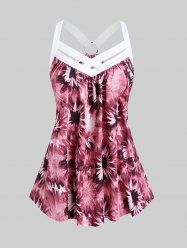 Plus Size Ring Crisscross Tie Dye Floral Print Tank Top -  