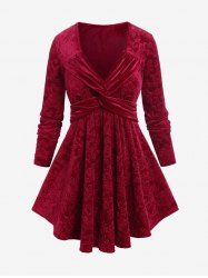 Plus Size Long Sleeves Embossing Twist Velvet Tee -  