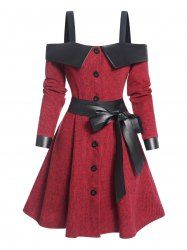 Cold Shoulder Faux Leather Belt Mock Button Mini Dress -  