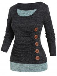 Plus Size Space Dye Contrast Colorblock Mock Button Faux Twinset T Shirt -  