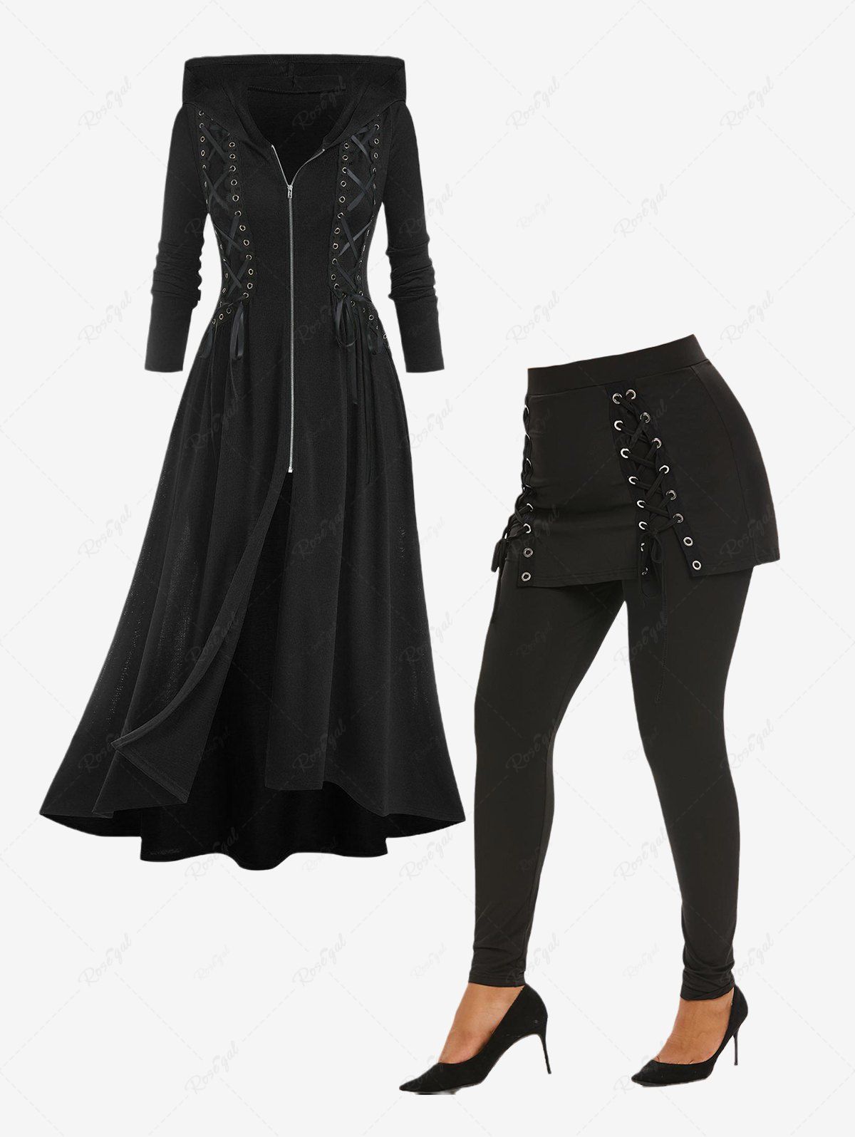 Ensemble de Manteau à Capuche Haut Bas Gothique Zippé et Pantalon Jupé à Lacets Noir 