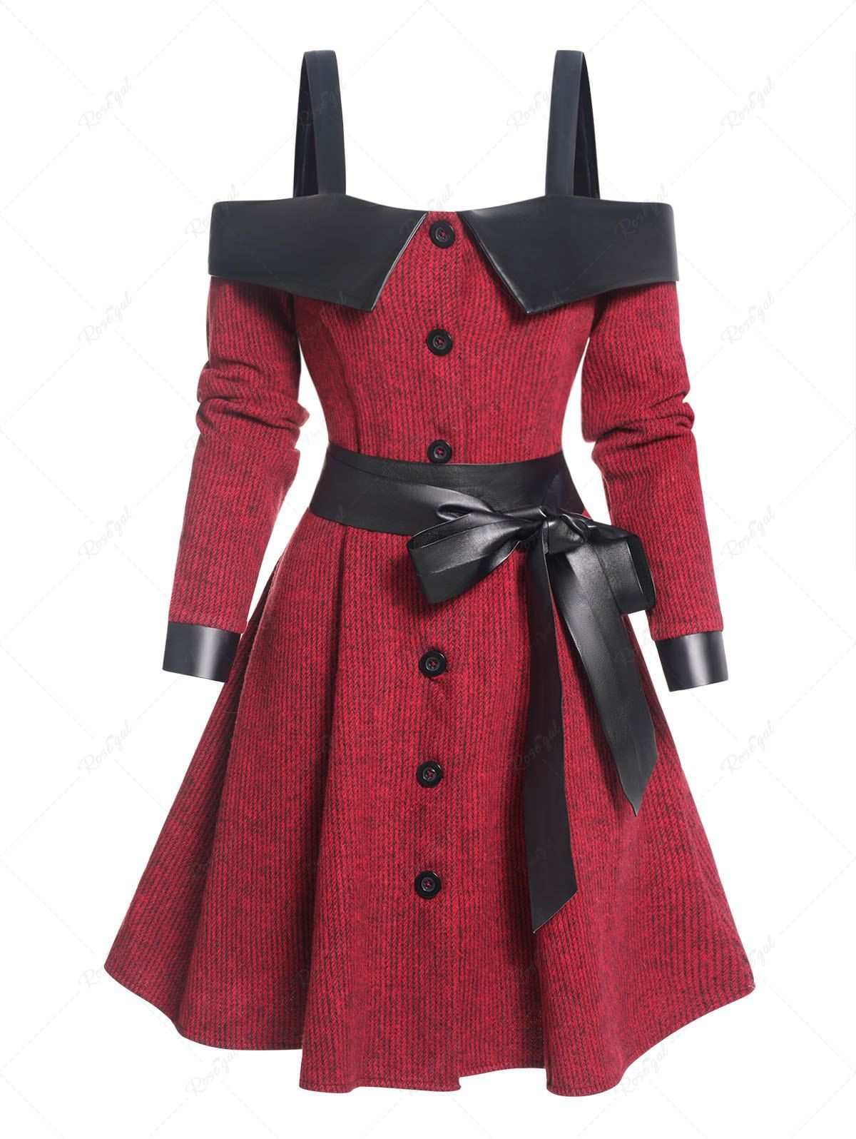 Fancy Cold Shoulder Faux Leather Belt Mock Button Mini Dress  