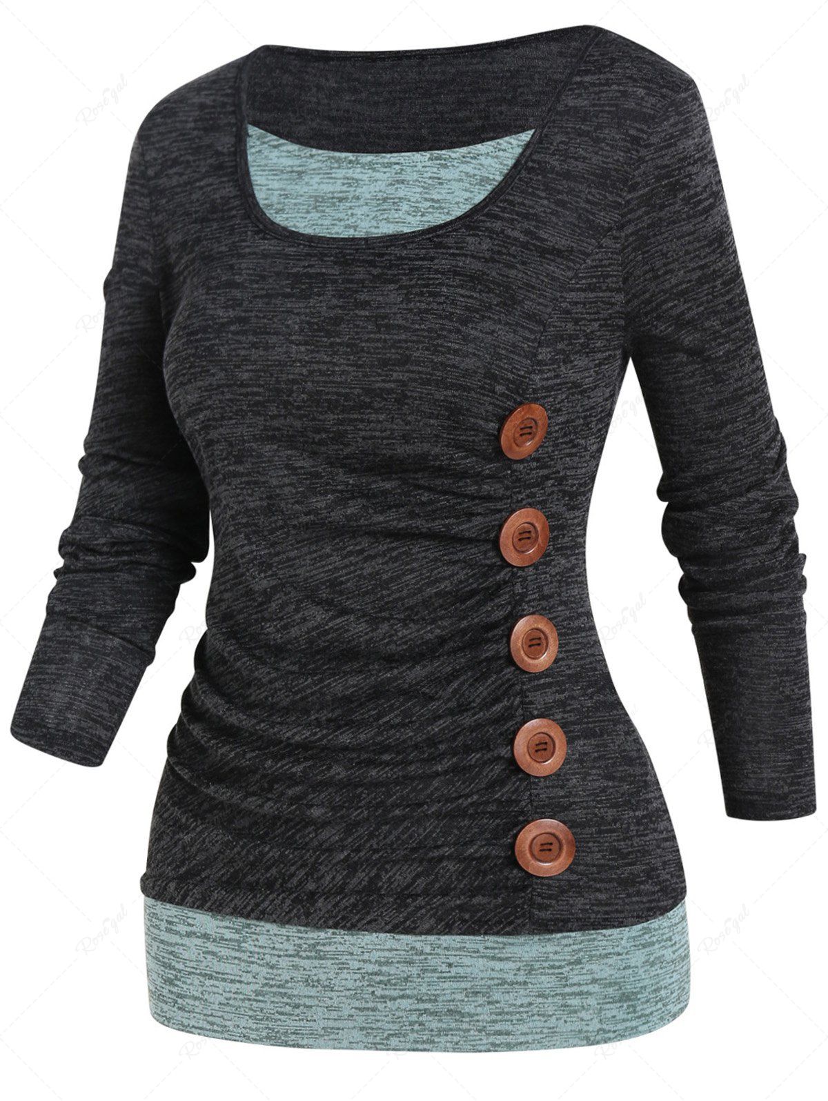 Outfits Plus Size Space Dye Contrast Colorblock Mock Button Faux Twinset T Shirt  