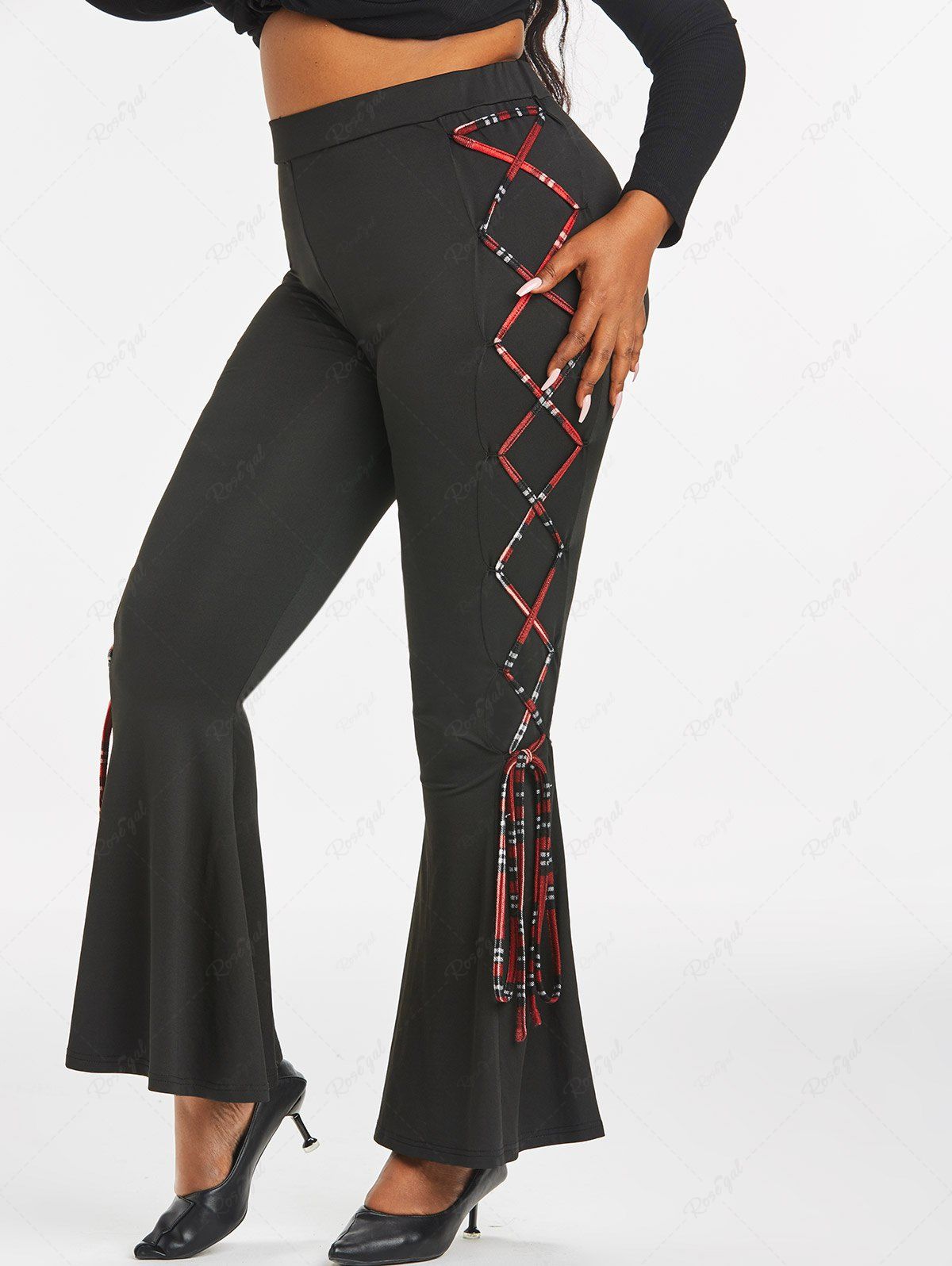 Shop Plus Size Lace Up High Rise Bell Bottom Pants  