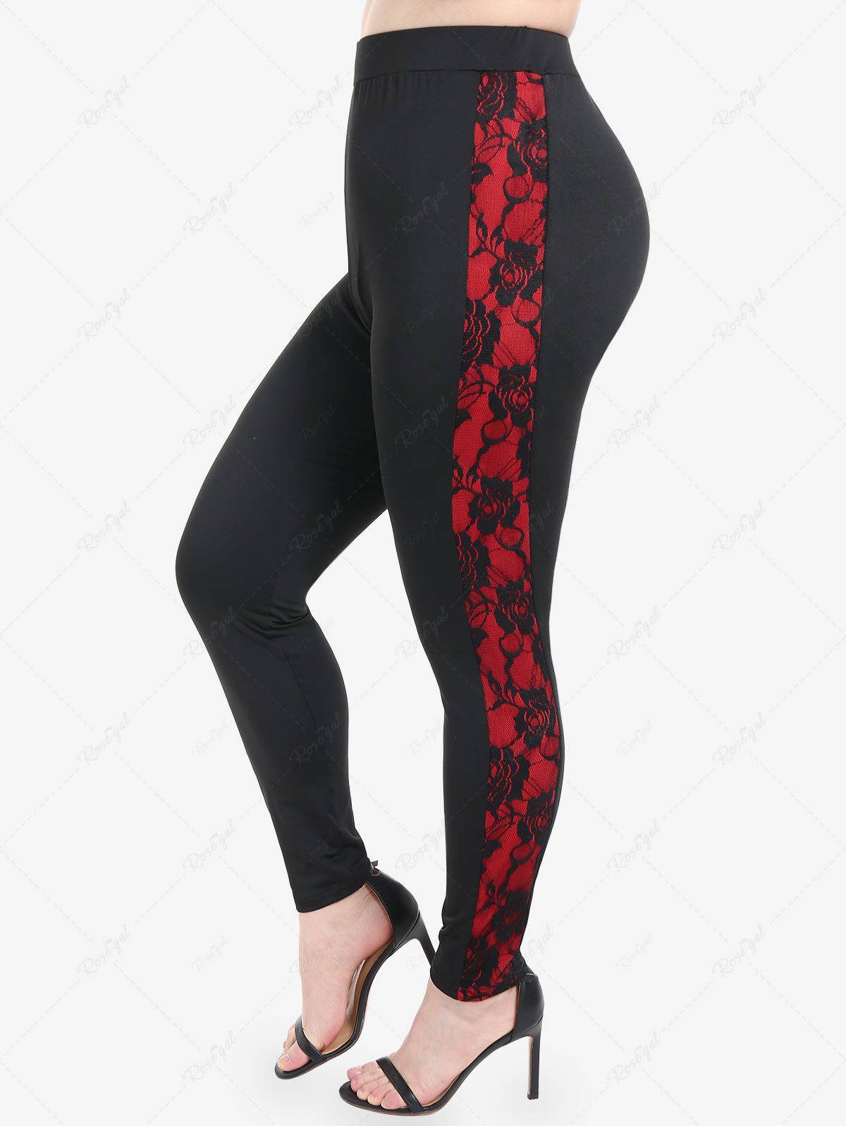 Latest Gothic Lace Panel Rose Colorblock Skinny Leggings  