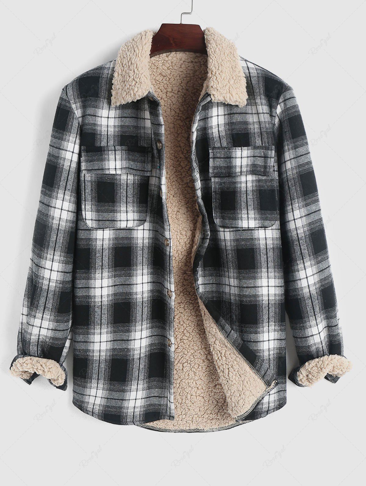 Online UNISEX Plaid Faux Sherpa Thermal Lined Fluffy Shacket  