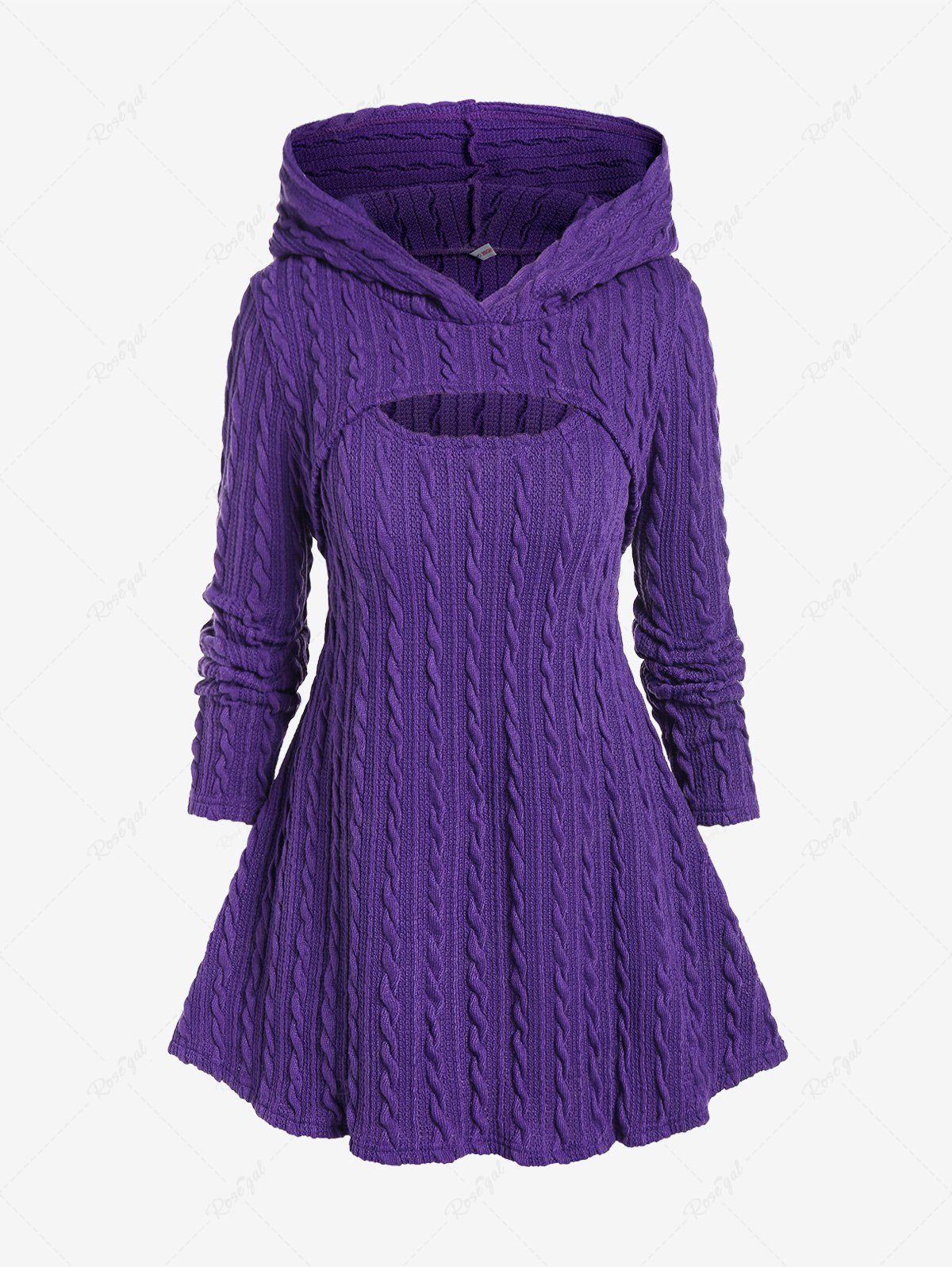 Fashion Plus Size Hooded Shrup Top and Sleeveless Cable Knit Sweater Twinset  