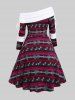 Plus Size Christmas Fluffy Folded Cinched Skew Collar Lace-up Jacquard Knit Dress -  