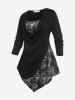 T-shirt Asymétrique à Imprimé Rose de Grande Taille avec Bouton en Avant - Noir 1x | US 14-16