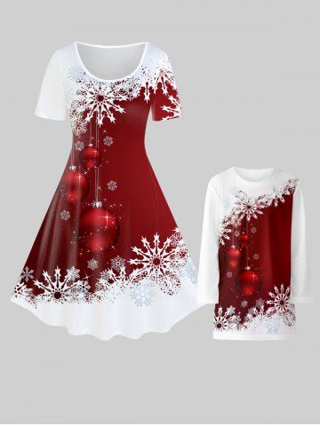Mommy and Me Christmas Snowflake Ball Print Dress Matching Outfit