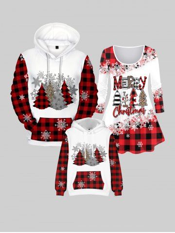 Kids Christmas Tree Snowflakes Plaid Flocking Lined Pullover Hoodie with Pocket