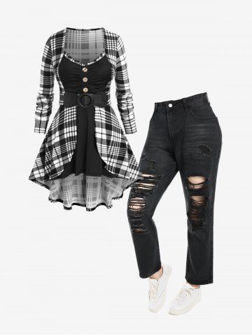 Plus Size Checked High Low T-shirt and Ripped Jeans Outfit - BLACK