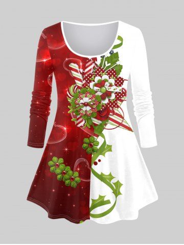 Camiseta de Talla Extra de Navidad con Estampado de Flores y Corazón - DEEP RED - M | US 10