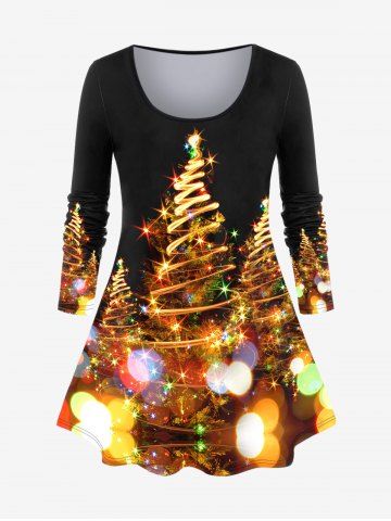 Plus Size Christmas Light Tree Print Long Sleeve T-shirt