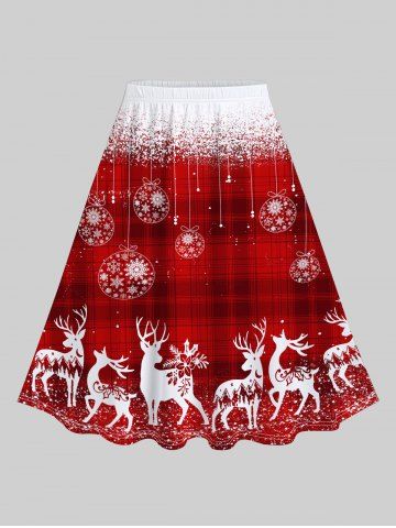 Plus Size Christmas Elk Snowflake Balls Printed Plaid A Line Skirt
