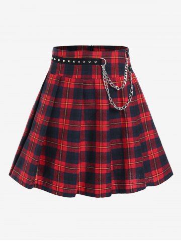 Gothic Studded Checked Chain Embellish Pleated Skirt - DEEP RED - M | US 10