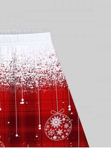 Plus Size Christmas Elk Snowflake Balls Printed Plaid A Line Skirt