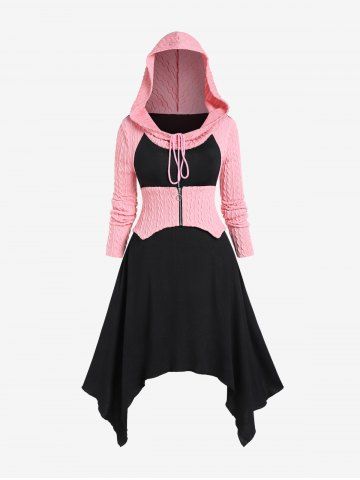 Plus Size Hooded Cable Knit Panel Colorblock Midi Handkerchief Dress - BLACK - L | US 12