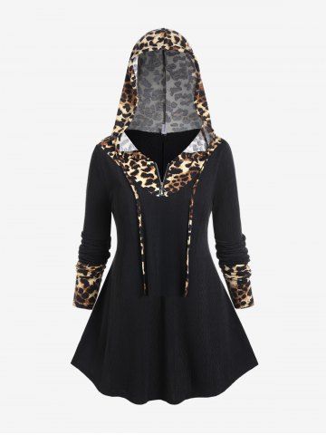 Plus Size Leopard Panel Zipper Hooded Long Sleeves Tee - BLACK - M | US 10
