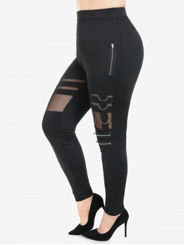 Pantalon Moulant Gothique Zippé Panneau en Maille Transparente - BLACK - M | US 10