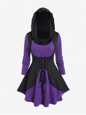 Plus Size Hooded Lace-up Lettuce Trim Cable Knit Contrast Long Sleeves Tee - PURPLE - 3X | US 22-24