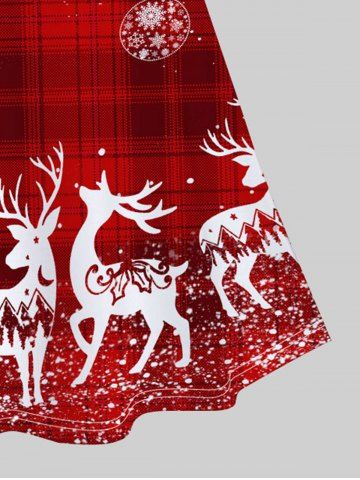 Plus Size Christmas Elk Snowflake Balls Printed Plaid A Line Skirt