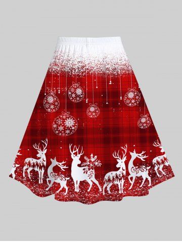 Plus Size Christmas Elk Snowflake Balls Printed Plaid A Line Skirt