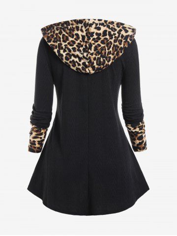 Plus Size Leopard Panel Zipper Hooded Long Sleeves Tee