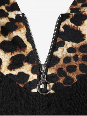 Plus Size Leopard Panel Zipper Hooded Long Sleeves Tee