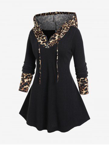 Plus Size Leopard Panel Zipper Hooded Long Sleeves Tee