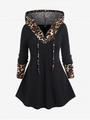 Plus Size Leopard Panel Zipper Hooded Long Sleeves Tee