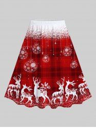 Plus Size Christmas Elk Snowflake Balls Printed Plaid A Line Skirt -  