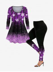 Ensemble T-shirt Grande Taille à Imprimé Flocon de Neige et Noël et Legging - Pourpre  