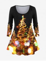 Plus Size Christmas Light Tree Print Long Sleeve T-shirt -  