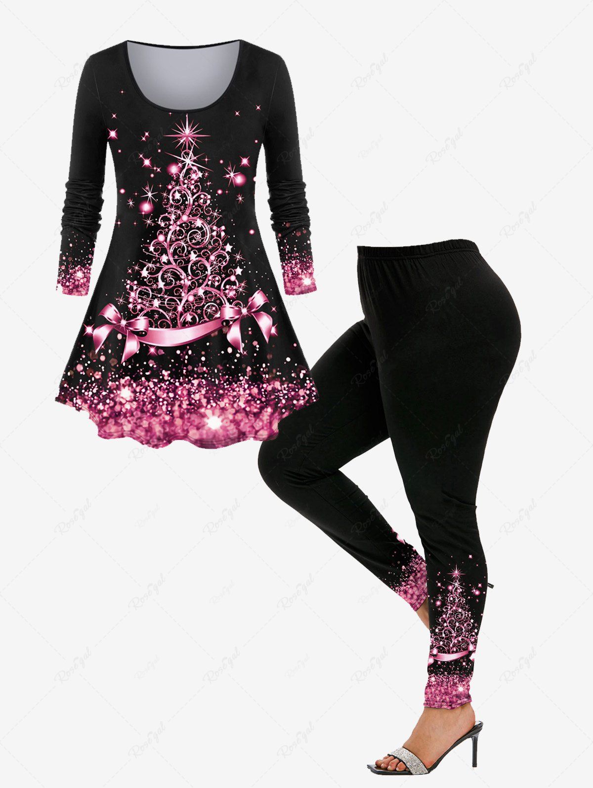 Latest Christmas 3D Sparkles Printed Tee and Glitters Bowknot Printed Leggings Plus Size Matching Set  