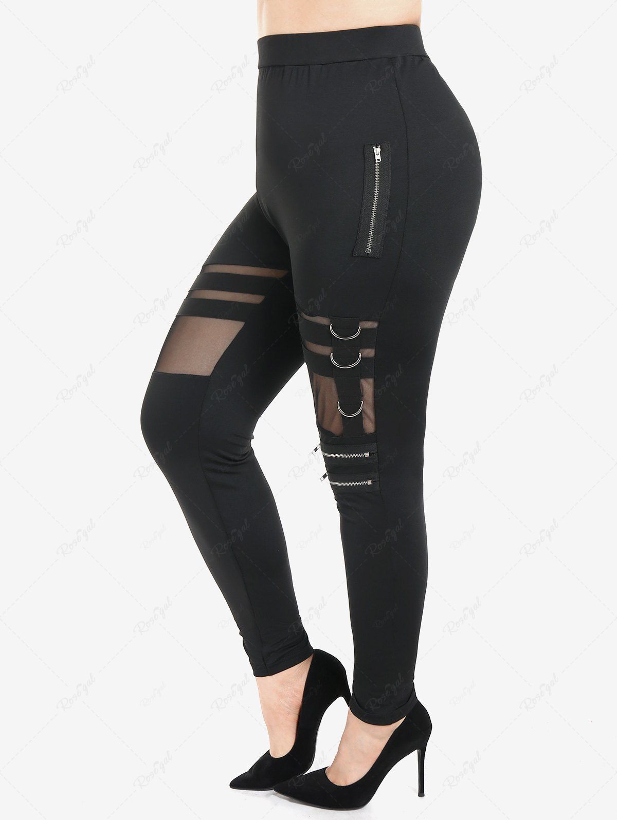 Pantalon Moulant Gothique Zippé Panneau en Maille Transparente Noir 2X | US 18-20