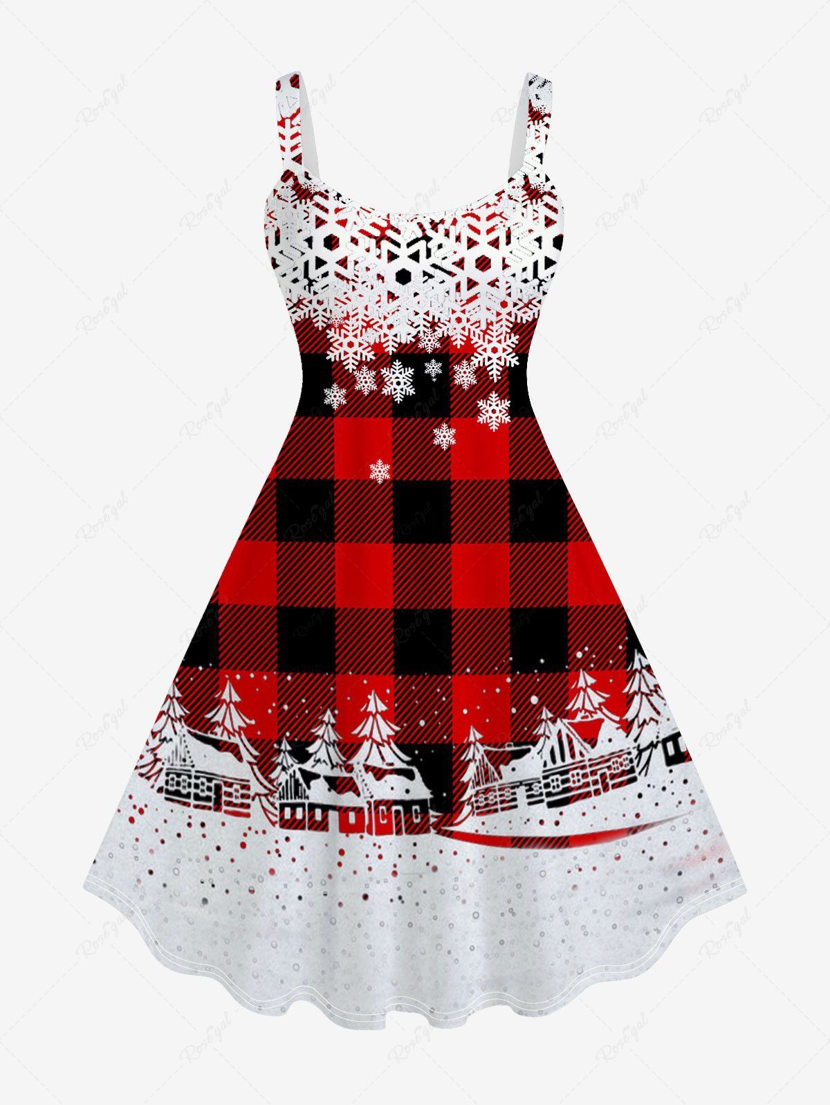 Robe de Noël à Carreaux à Imprimé Flocon de Neige de Grande Taille sans Manches Rouge 2X | US 18-20
