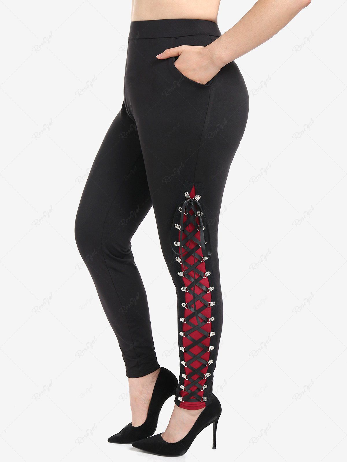 Sale Gothic Lace Up Two Tone Pull On Skinny Pants  