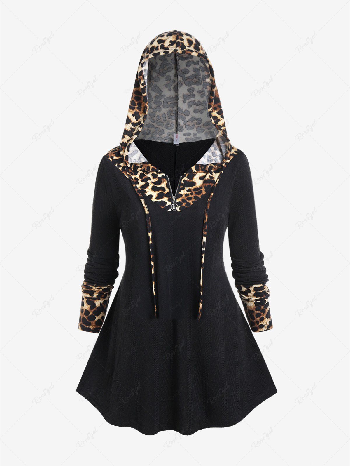 Fancy Plus Size Leopard Panel Zipper Hooded Long Sleeves Tee  