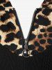 Plus Size Leopard Panel Zipper Hooded Long Sleeves Tee -  