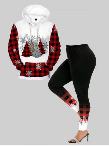 Christmas Tree Snowflakes Printed Plaid Front Pocket Hoodie and High Rise Leggings Plus Size Outerwear Outfit