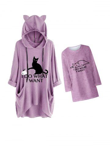 Drawstring Hooded Pockets High Low Graphic Top and Graphic Tee Dress Matching Mommy and Me Outfit - LIGHT PINK