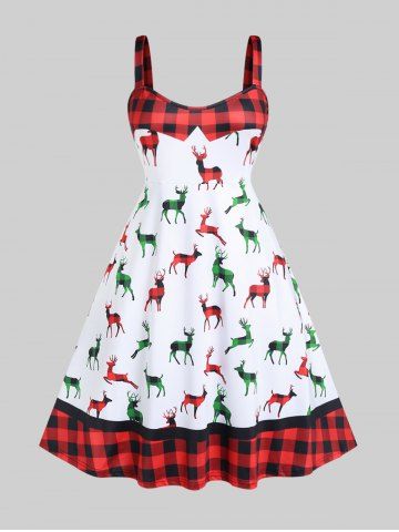 Plus Size Christmas Checked Elk Print Sleeveless Dress - WHITE - 3XL