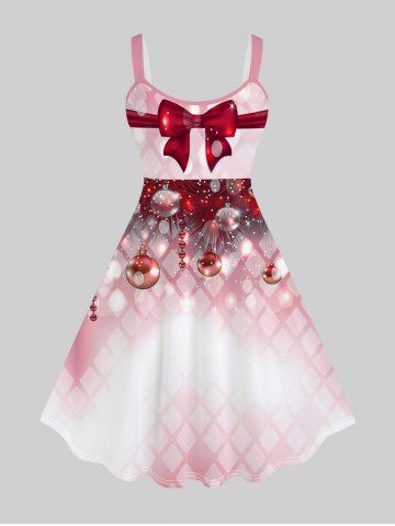 Plus Size Christmas 3D Balls Plaid Bowknot Print Ombre A Line Dress - RED - 4X | US 26-28