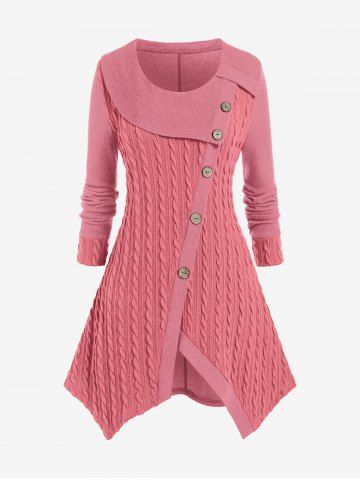 Plus Size Asymmetric Mock Buttons Cable Knit Sweater - LIGHT PINK - 4X | US 26-28