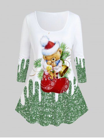 Plus Size Long Sleeves Christmas Tree Hat Socks Printed Colorblock Tee - WHITE - 1X | US 14-16