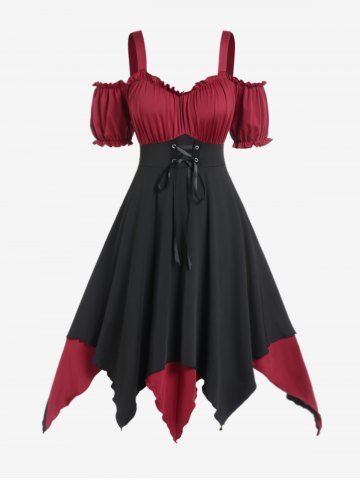 Plus Size Lace-up Ruffles Cold Shoulder Two Tone Handkerchief Midi Dress - BLACK - 1X | US 14-16