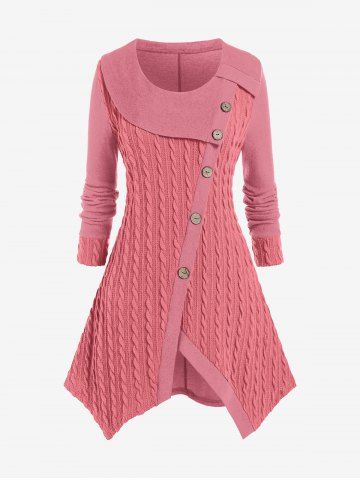 Plus Size Asymmetric Mock Buttons Cable Knit Sweater